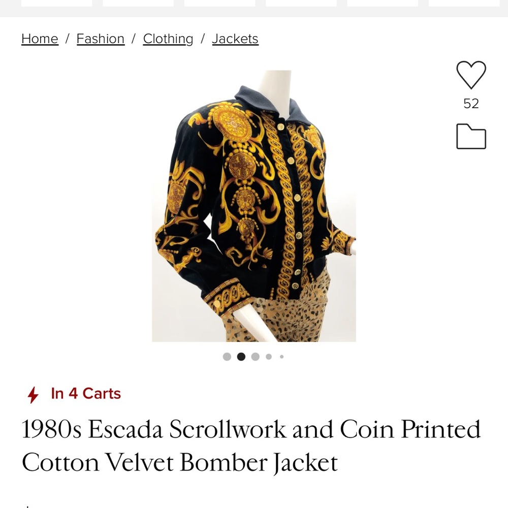 1980s Escada Scrollwork and Coin Printed Cotton Velvet Bomber Jacket - Picture 5 of 5